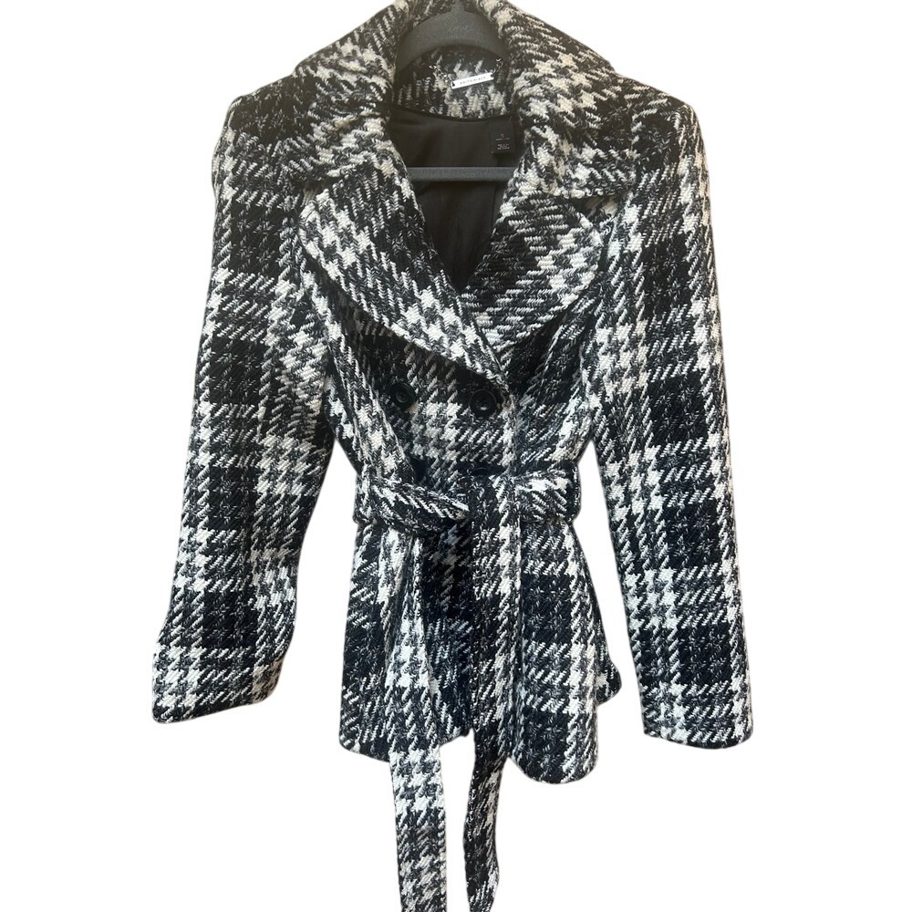 White House Black Market Houndstooth Belted Pea Coat Black White Small Plaid